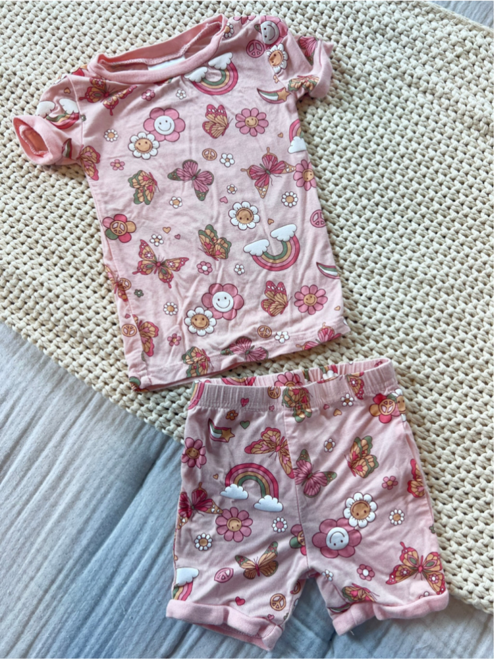Baby Très Beau et Belle Matching Pajama Set 12 Month Pink Butterfly Rainbow Boho